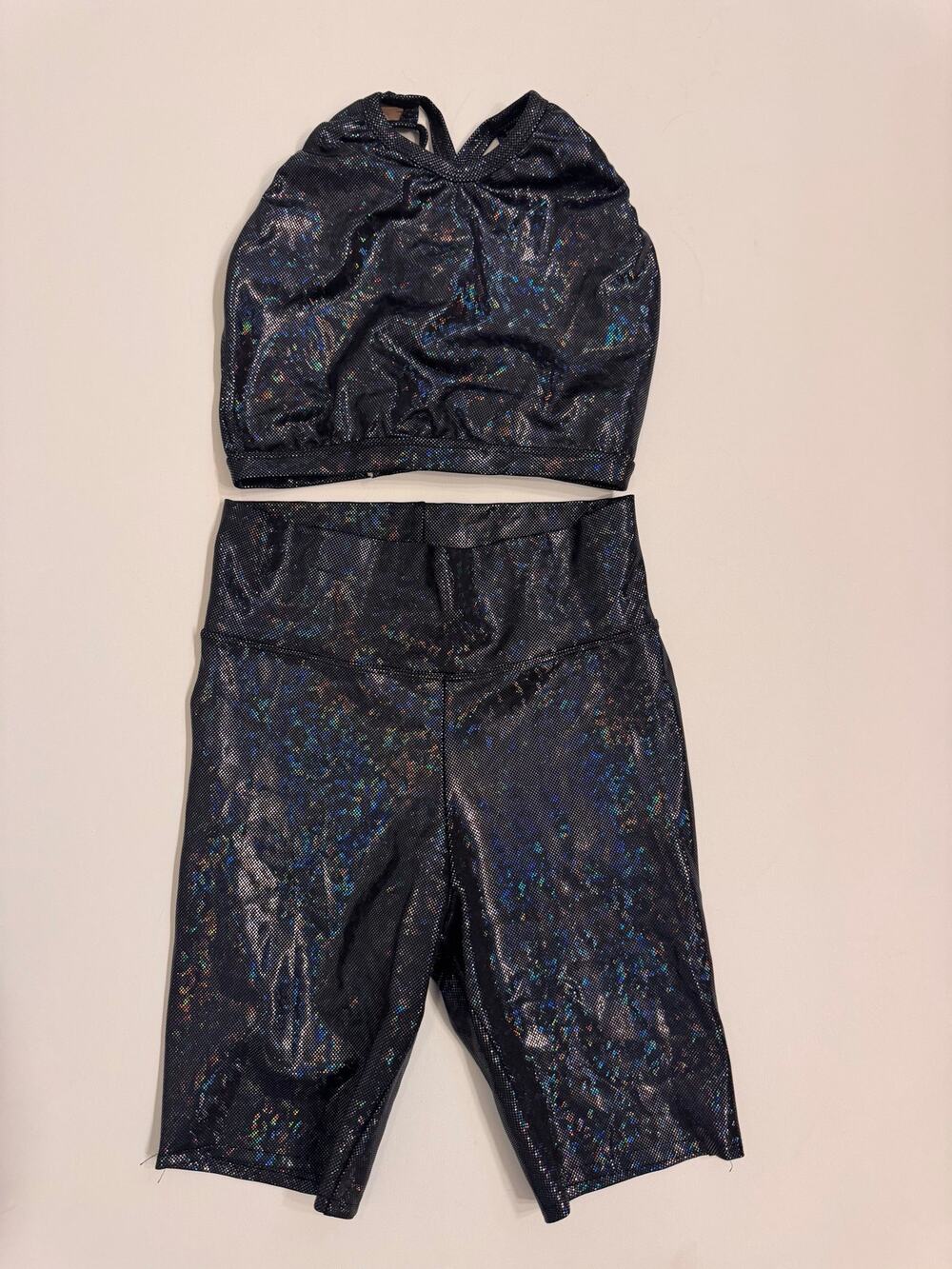 LA Blue Sparkle Holo 2 PC Dance Costume Top and Shorts Jazz Hip Hop